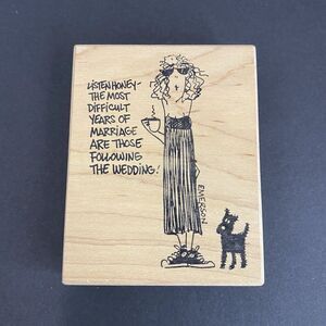 American Art Wood Mounted Rubber Stamp Woman Shaggy Dog Statement about Marriage